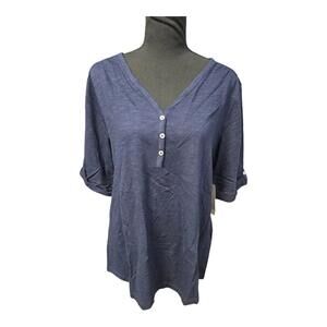 CHICO'S Women's Navy Cotton Slub Elbow Henley Tee SS Basic Shirt Sz 2 NWT $35